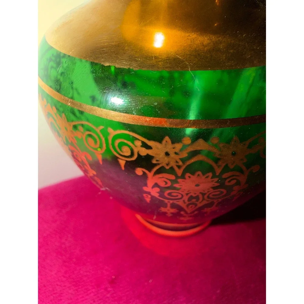 Vintage Vecchia Murano Emerald Green Art Glass Vase 24K Gold Gilt Baroque Italy
